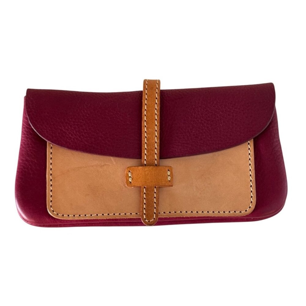 Handmade Leather Clutch Wallet Tan & Burgundy Zipper Interior Compact Design
